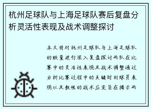 杭州足球队与上海足球队赛后复盘分析灵活性表现及战术调整探讨