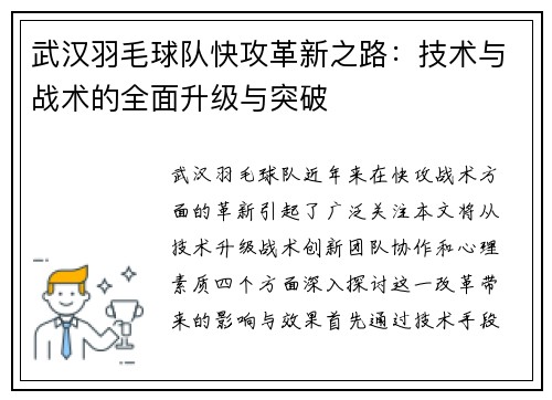 武汉羽毛球队快攻革新之路：技术与战术的全面升级与突破